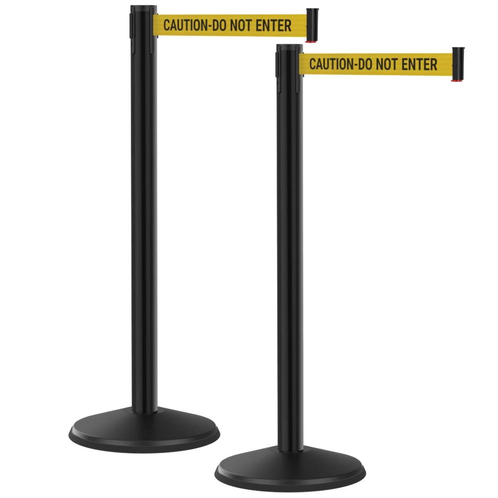 Retractable Belt Barrier 2pk, 40” Tall Crowd Control Stanchion Post, 10’ Long Caution Do Not Enter Belt/Black Visiontron Prime Steel Queue Pole, Self-Straightening No-Tools Assembly
