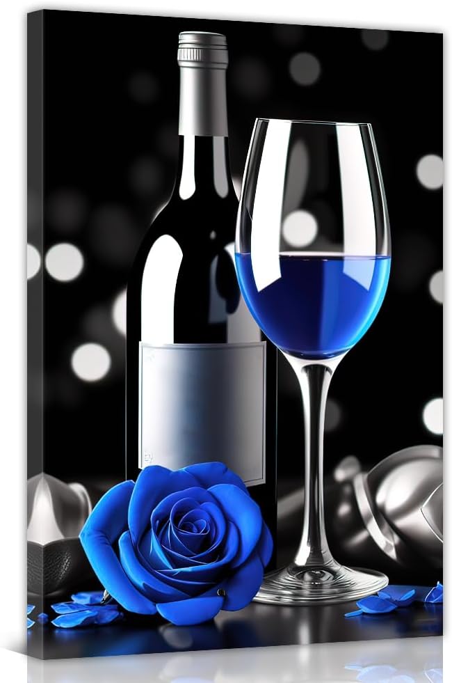 Wine Wall Art Red Wine and Rose Picture Prints Black White and Red Canvas Painting Kitchen Poster for Dining Room Restaurant Decor Framed(Wine-4,12.00" x 18.00")