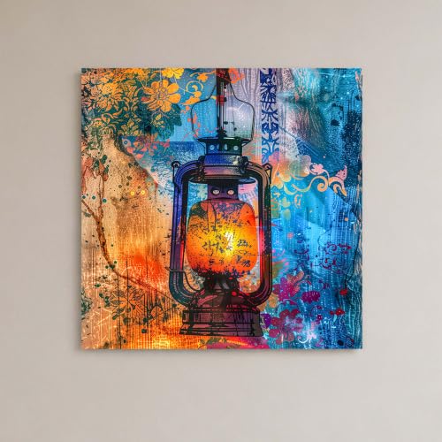 Image of PAINTINGMANTRA Vintage Lantern Artwork Stretched Canvas Painting for Living Room | Rustic Abstract Lantern Wall Decor Art For Livingroom, Bedroom, Office, Hallways - 22x22 Inch