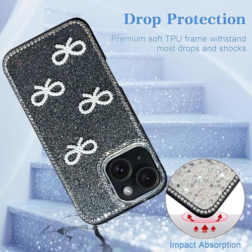 Image of DIZORO Compatible for iPhone 13 / iPhone 14 Cover 6.1, Luxury Diamond Cute with Bow Glitter Bling Case with Full Camera Protection PC+TPU Glossy Shiny Back Cover Case for Girls Women (Black)