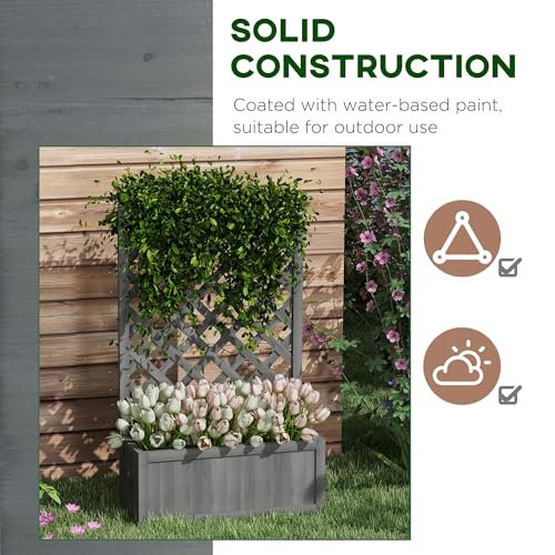 Macetero elevado de madera gris resistente con celosía vertical para flores y verduras 7