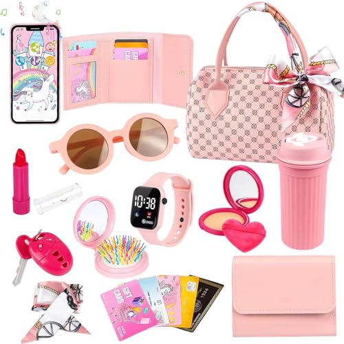 Toddler Play Purse for Little Girls, 32PCS Kids Handbag with Pretend Makeup for Girl,Toddler Purse Includes Handbag, Phone, Wallet,Princess Toy Purse Birthday Gift for 3 4 5 6 +