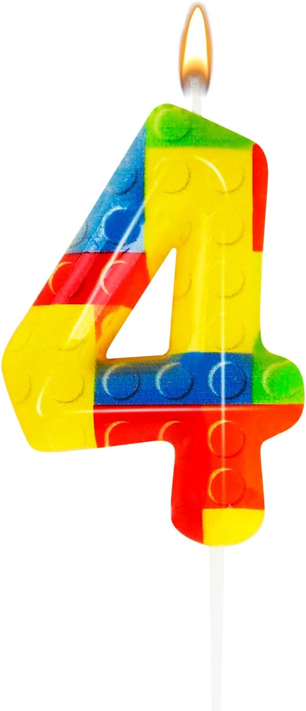 Building Block Theme Birthday Candle - Number 0~9 Cake Topper for Party Decor (Bricks, 4)