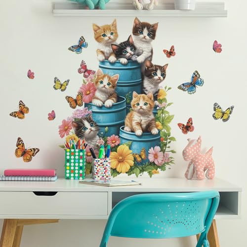 Vinilos Decorativos Kittens con Mariposas y Flores miniatura 6