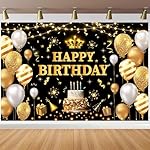 YinQin 180x120 cm Glitter Black Golden Happy Birthday Party Photo Backdrops Cloth 71x47 inch Bday Photography Backgrounds Shiny Black Gold Happy Birthday Sign Banner Decorations for Women Men - Image 2