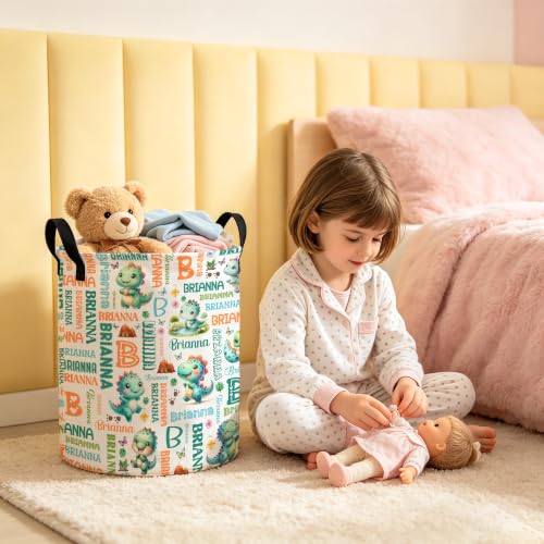 Image of Custom Dinosaur Laundry Hamper, Personalized Laundry Basket with Name, Customized Dirty Clothes Basket for Clothes Toy Bathroom Bedroom Storage,S-16.5 inchX 13.8 inch