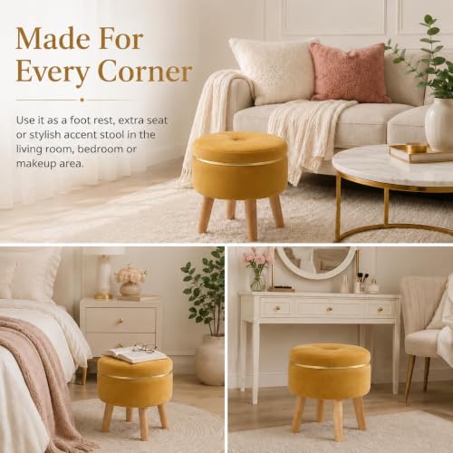Image of Ottoman Stool for Living Room Foot Rest | Velvet Small Ottoman Foot Stool | Solid Wood Legs | Footstool Puffy for Home, Bedroom & Makeup Table | 30 x 30 cm (12 x 12 Inch) | Yellow