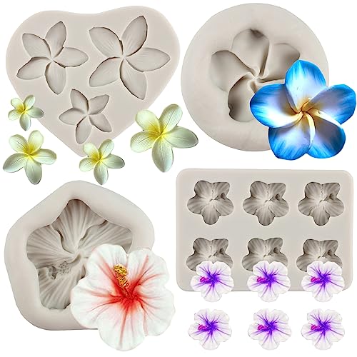 MYPRACS Plumeria Flower Silicone Molds Hibiscus Flower Fondant Molds For Cake Decorationg Cupcake Topper Candy Chocolate Gum Paste Polymer Clay Set Of 4