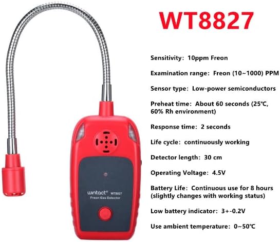 Front view of the VIHELM WT8827 Portable Gas Detector alongside a list of its technical specifications, including sensitivity, response time, and operating voltage.