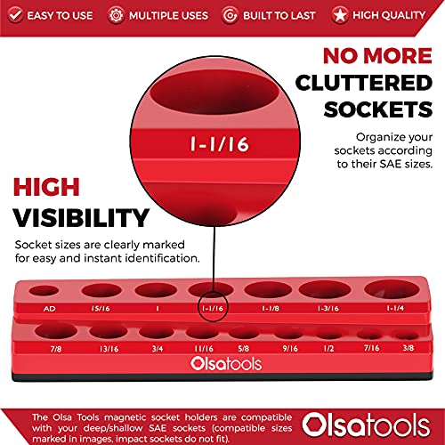 Image of Olsa Tools Magnetic Socket Organizer | 1 /2-inch Drive | SAE | RED | Holds 16 Sockets | Professional Quality Tools Organizer