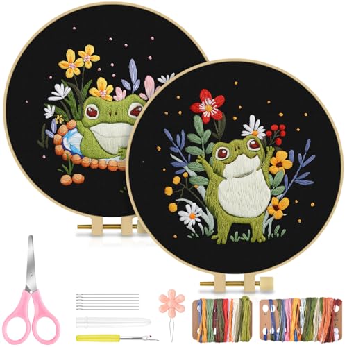 Image of TINDTOP 2 Pack Embroidery Kit for Adult, Embroidery DIY Starter Kit, with Stamped Patterns, Hoop, Tools, Colorful Threads with Needles, Instructions (Frog) | with Stamped Patterns, Hoop, Tools, Colorful Threads with Needles, Instructions (Frog)
