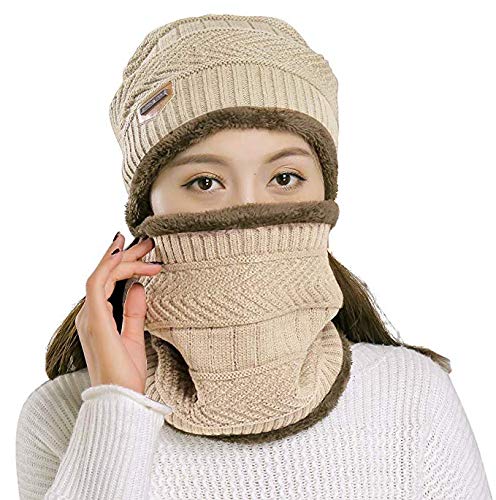 malvina 2Pcs Women's Winter Knitted Hats+ Scarf Set|Warm Fleece Lining Cap with Neckwarmer (Khaki, Freesize)-picture-48