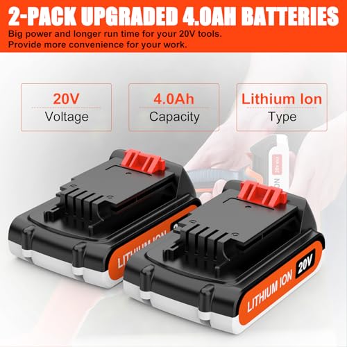 Securelyte 2 Pack 4.0Ah Replacement for Black and Decker 20v Lithium Battery Compatible with LBXR20 LBXR2020 LBX20 LBXR2520 LB2X4020 LB2XR20, Extended Runtime for Cordless Power Tools