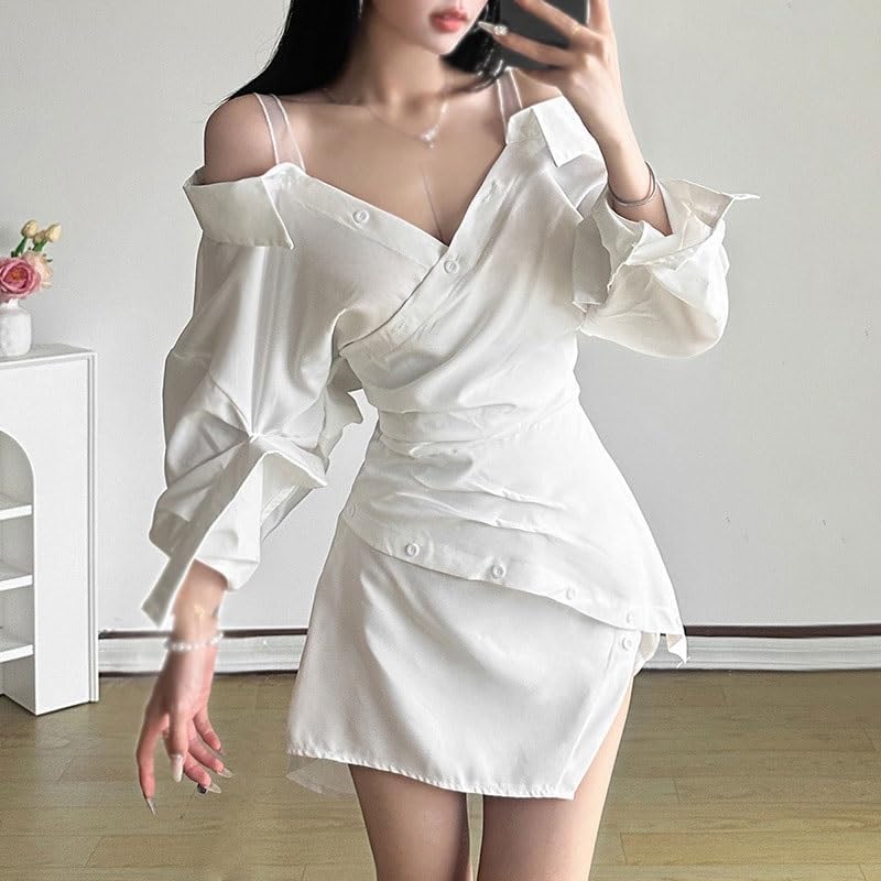 JSEIAJB Fashion V-Neck Long Sleeves Suspenders Dress Breathable Versatile Loose Dress