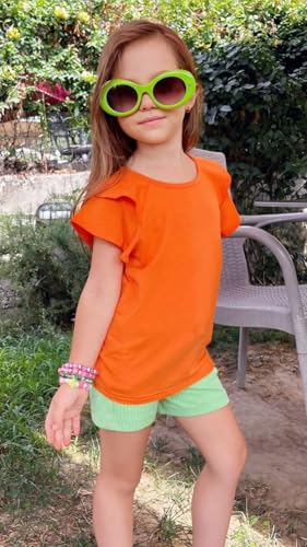 Image of Girls T Shirts Ruffle Short Sleeve Round Neck Loose Blouse Summer Solid Color Casual Girl Tee Tops for 3-12 Years