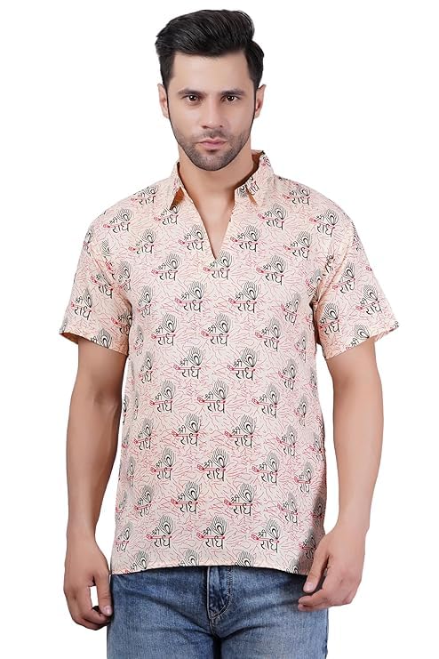 LH - Ladies Haat Cotton Blend Radhey Printed Kurta for Boys | Regular Fit Half Sleeve Kurta for Men | Festival Stylish Latest Short Length Kurta | Spread Collar Devotional Short Kurta-picture-33