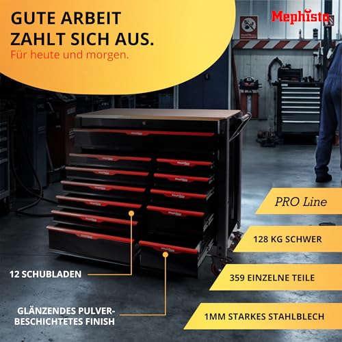 Foto von Mephisto Pro-Line BIG Werkzeugwagen Werkstattwagen gefüllt mit 12 Schubfächer davon 11 inkl. Werkzeug wie VDE Schraubendreher, Ratsche mit Nusskasten, Schraubendreher-Set in Soft Inlays in Carbon Lock