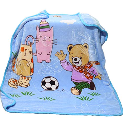 Xief Mantas de bebé, Cuna Manta, Azul paño Grueso y Suave Manta del Tiro Cuna Ropa cálida Manta Invierno para los niños Oso de Dibujos Animados del Gato de fútbol Imprimir 100x130cm Cover