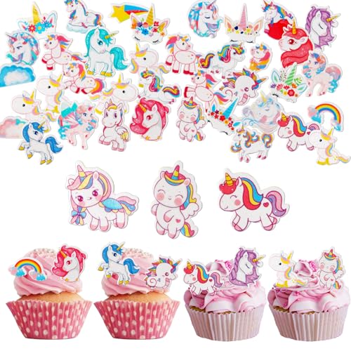 OSDUE Cupcake Toppers Unicorn, 80Pcs Premium Rice Paper Cake Decorations, Wafer Cupcake Cake Dessert Toppers for Kids Birthday Party Wedding Cake Food Decorations Supplies