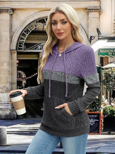 MixShe Women’s Color Block Knit Hoodie – Casual Long Sleeve Pullover Sweater Tops with Pocket