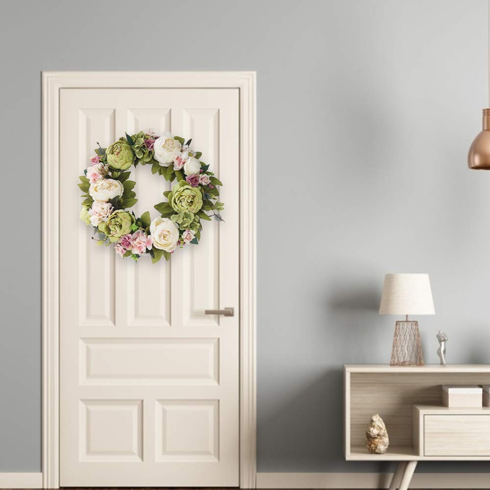 Künstliche Blumenkranz Frühlings-Kranz Artificial Peony Hydrangea-Blumen-Tür-Kranz mit Blumen Deko frühling Deko Kranz,Deko Wandkranz Girlande Kunstpflanzen Hängen Kranz für Frühling und Sommer,40cm