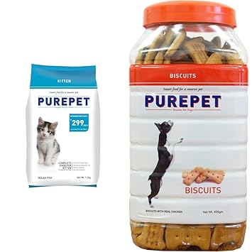 Purepet Kitten(1-12 Months) Dry Cat Food, Ocean Fish - 1.2kg & Purepet Chicken Flavour, Real Chicken Biscuit, Dog Treats- Jar, 455g
