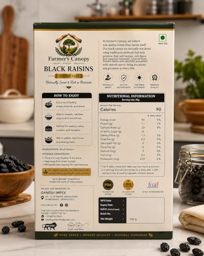Image of Farmer's Canopy Black Seedless Raisins Jumbo Size 250g | Premium Afghan Black Kishmish | Naturally Sweet Sun-Dried Raisins | Rich in Antioxidants | Healthy Snack for Kids & Adults | No Added Sugar