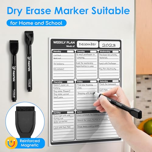 maxtek Magnetische Whiteboard Marker, 12 Schwarz Stifte Abwischbar mit Radiergummi, Feinspitze 1–2 mm Linienbreite, Folienstifte für Zuhause, Schule & Büro (12 Stück)