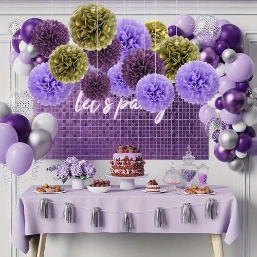 Image of 18 PCS Tissue Paper Pom Poms, Tissue Pom Poms Flowers, Sizes of 6 inch, 10 inch, 12 inch, 14 inch Hanging Paper Flower Ball for Wedding, Birthday, Halloween, Christmas, Baby Shower Party Decor (Gold Purple)