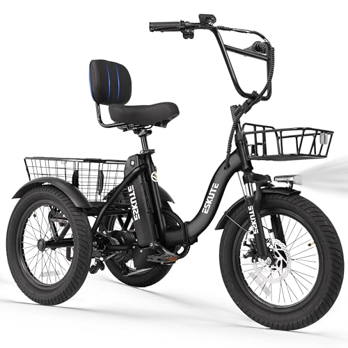 ESKUTE E Trike Electric Bike, Peak 1200W Brushless Motor Folding Trike 18X3.0 Fat Tire Ebike, 499Wh...