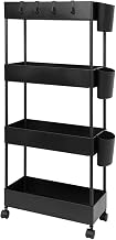 JAKAGO Narrow Storage Trolley with Wheels (4 Levels) for Small Spaces, with 3 Hanging Boxes and 8 Hooks for Living Room, Dining Room, Kitchen, Bathroom, 40 x 18 x 90 cm - Black