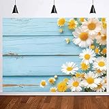 DOTOOMA 7X5FT Daisy Flowers Blue Old Wooden Photo Backdrop Rustic Bridal Shower Wood Wall Retro Party Decorations Baby Shower Photography Background Polyester