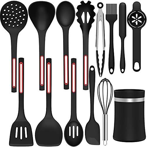 AIKKIL Silicone Cooking Kitchen Utensils Set with Holder, 14 Pcs BPA Free Heat Resistant Silicone Turner Tongs Spatula Spoon Kitchen Gadgets Utensil Set for Nonstick Cookware (Black)