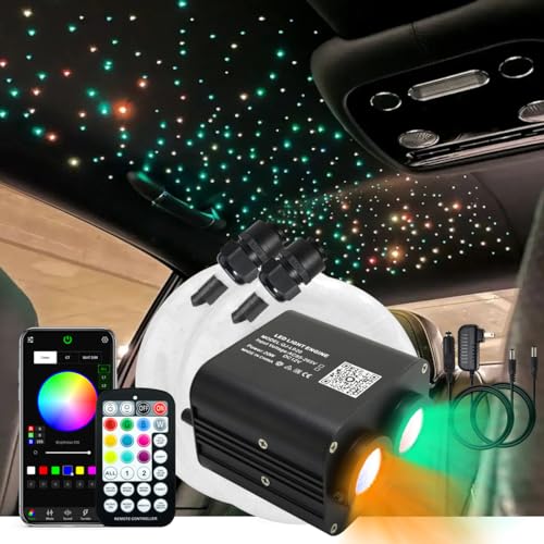 AKEPO 20W Dual-Head Different Color Twinkle APP Fiber Optic Light kit, 750pcs of 9.8ft Mixed Size Fiber Optic Strands+Sound Activated RGBW Optical Star Ceiling Light Kit for Car Headliner Star/Home