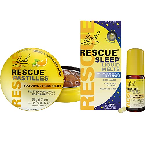 Travel Stress & Sleep Bundle, 3Pk - Bach RESCUE PASTILLES, Orange & Elderflower Flavor, 35Ct [and] RESCUE Sleep Liquid Melts 28Ct. [and] RESCUE Remedy Spray 7mL - Homeopathic Flower Remedies