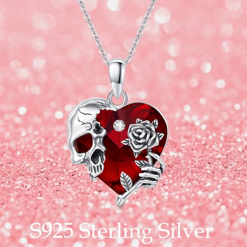 Image of S925 Sterling Silver Skull Pendant Necklace Heart Crystal Birthstone Skull Necklace Gothic Jewlery Gifts
