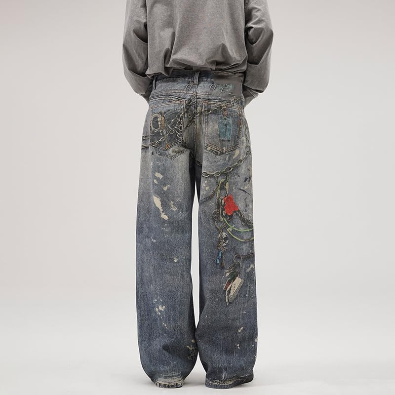 Men's Jeans Summer Printed Straight Leg Casual Denim Pants4