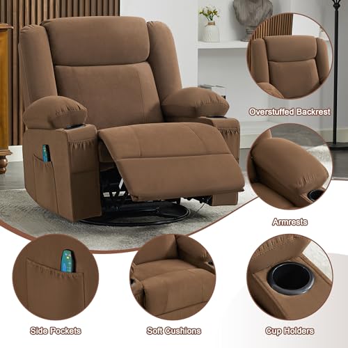 Image of Swivel Recliner Chair for Adults,Rocker Recliners with Vibration Massage and Lumbar Heat,Ergonomic Rocking Chair with Side Pocket,2 Cup Holders for Living Room
