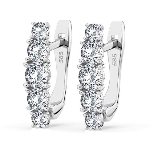Aros de Oro Blanco 585 con 10 Diamantes 0.85 ct - Pendientes de Aro para Mujer en Oro Auténtico - Joya Clásica