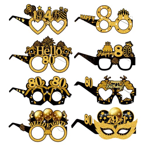 RUGBOL 8 Óculos de 80 aniversários, óculos de festa retro dourado de 80 anos para homem e mulher, decoração de 80 aniversários e acessórios para Photocall