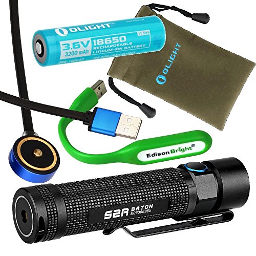 Olight S2R USB Rechargeable 1020 Lumens CREE LED Flashlight EDC with 18650 Li-ion Battery, Magnetic Charging Cable with EdisonBright USB Powered Reading Light Bundle