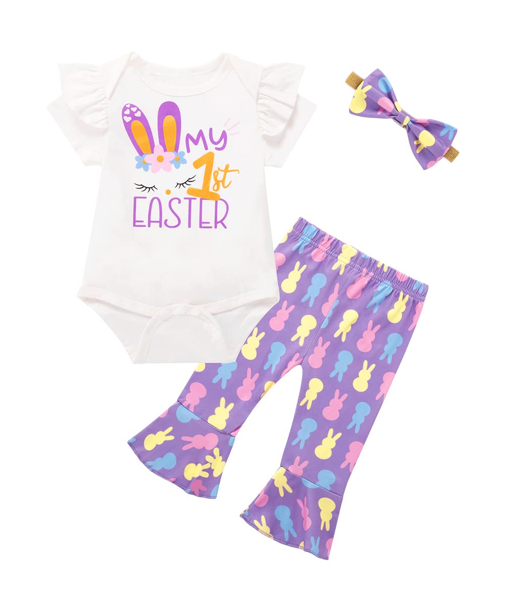 Newborn Baby Girl My 1st Easter Bunny Pants Set 3Pcs Infant Fly Sleeve Romper Bell Bottom Pant (Purple,3-6 Months)