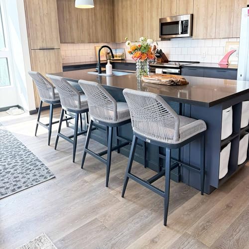 PURPLE LEAF Counter Height Bar Stools Set of 4 Rattan Wicker Outdoor Metal Boho Barstools with Back and Footrest Patio Garden Balcony Pool Bar Chairs