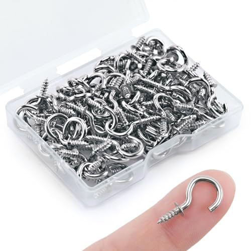 KINGLAKE 100 Pcs 1/2 Inch Small Screw in Hooks Silver Mini Wall Ceiling Hook for Wood Under Cupboard Cabinet Shelf Hanging Key Fairy Lamp and Christmas Light