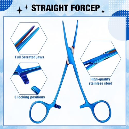 Image of BBTO Hemostat Curved and Straight Hemostat Forceps Piercing Pliers Forceps, Stainless Steel Straight and Curved Pliers, Fishing Tweezer(Blue,2 Pcs)