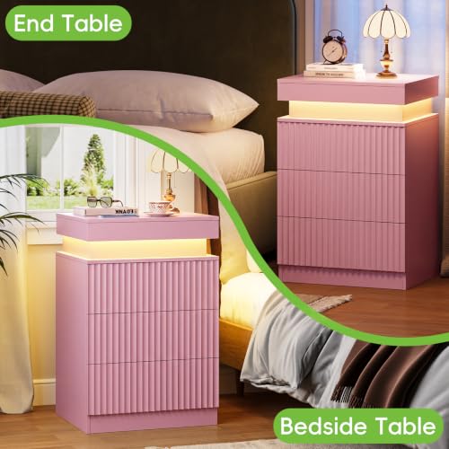 Image of Fluted LED Night Stand with Charging Station, Pink