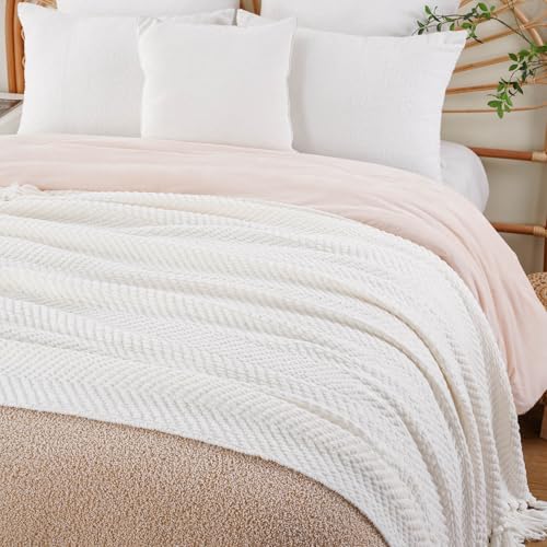 Image of BATTILO HOME Cream Throw Blanket for Couch, Knit Throw Blanket, 50 inchx60 inch