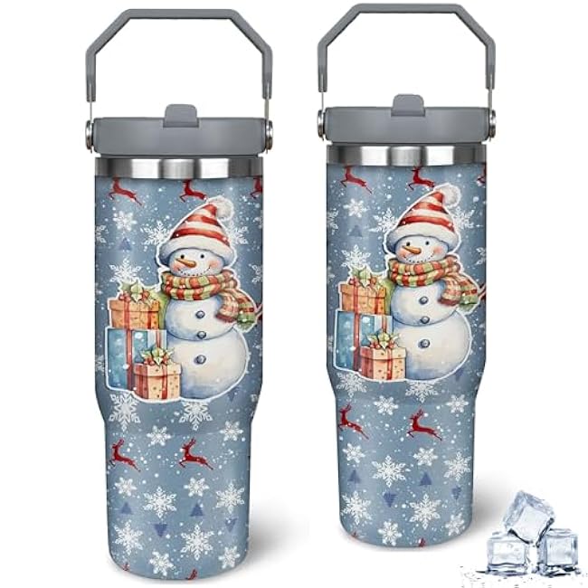 30oz Christmas Snowman Tumbler - Insulated Travel Mug with Lid, Straw, Handle, Ideal for Holiday Gifts, Hand Wash Only