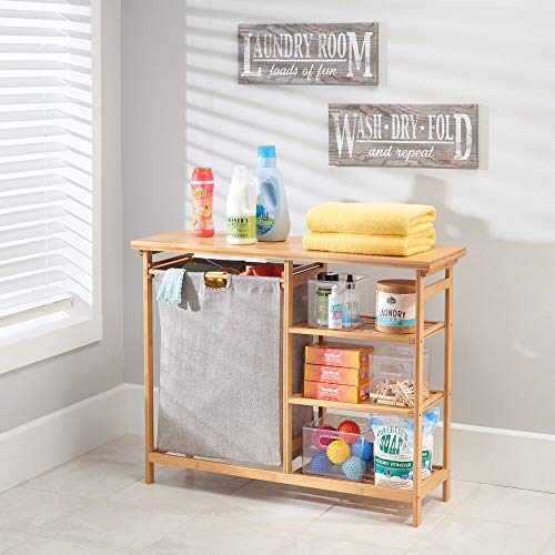 mDesign Bamboo Wood Laundry Station - Furniture Storage System with Hamper - 3 Open Storage Shelves to Organize Detergent, Liquid Fabric Softener, Bleach, Dryer Sheets, Stain Removers - Natural Finish - Thumbnail 4