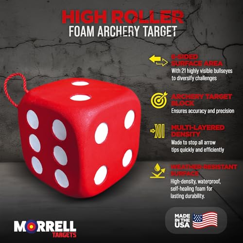 Morrell High Roller Foam Archery Target, 6-Sided Cube with 21 Bullseyes, Red - Portable Backyard Target for Broadheads, Field Points, Compound Bows and Crossbows, Built-in Carrying Handle